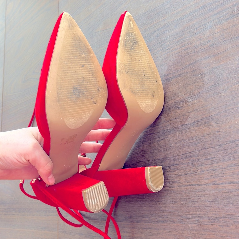 Red Lace-Up Pointed Toe Block Heels - image 4